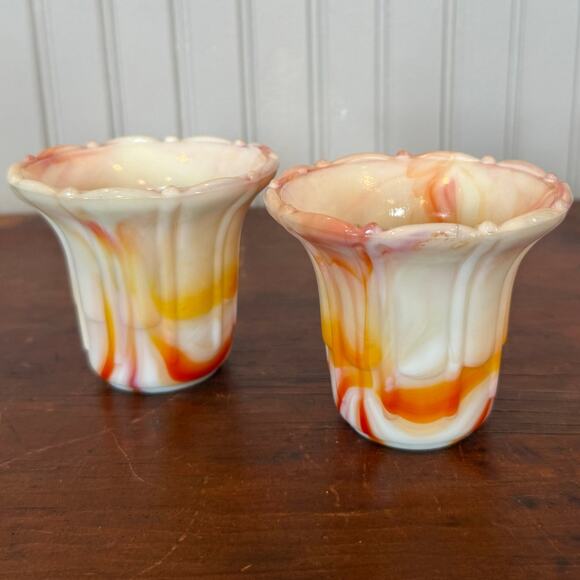 Vintage Akro Agate Slag Glass Planters – Orange Yellow Swirl, USA - Picture 1 of 4
